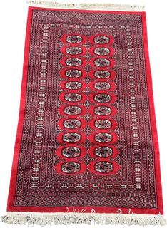 Hand Knotted Pakistan Bokhara Jhaldar Wool Rug on Red Ground. 6' 2" x 3' 3"