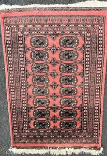 Hand-knotted Shiravan Bokhara Pakistani Wool Rug on Rose Ground. 