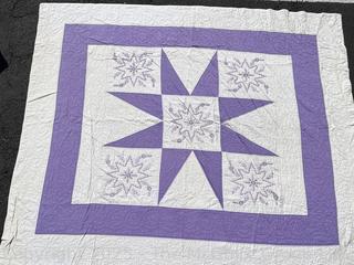 Hand Made Eight Point Embroidered Star Purple & White Quilt.  78" x 88"