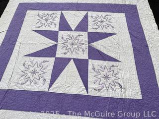 Hand Made Eight Point Embroidered Star Purple & White Quilt.  78" x 88"