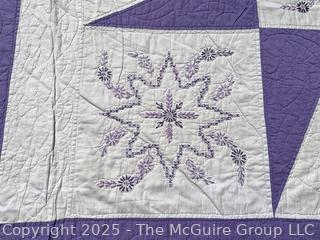 Hand Made Eight Point Embroidered Star Purple & White Quilt.  78" x 88"