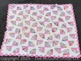 Hand Made Pink Fan Quilt. 78" x 86"
