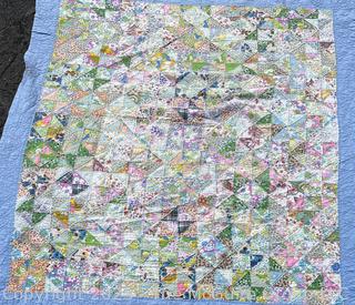 Hand Made Laundry Basket Blue Quilt. 70" x 78"