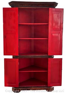 Primitive Corner Cabinet with Red Interior and Square Nail Heads