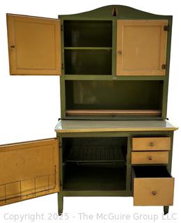 Green Enamel Oxford Hoosier Kitchen Cabinet, Two Piece