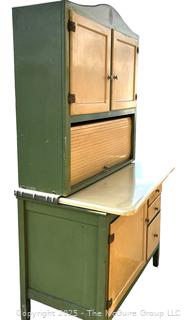 Green Enamel Oxford Hoosier Kitchen Cabinet, Two Piece