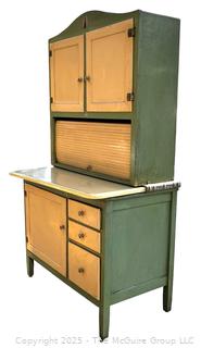 Green Enamel Oxford Hoosier Kitchen Cabinet, Two Piece