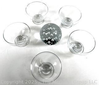 Five (5) Clear Crystal Glasses and a Hand Blown Paperweight
