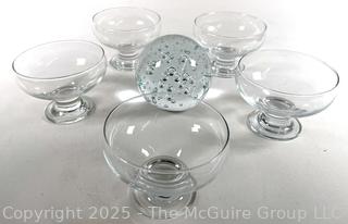 Five (5) Clear Crystal Glasses and a Hand Blown Paperweight