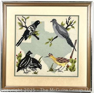 Framed Under Glass Needlework of Birds of Texas.  19" Square