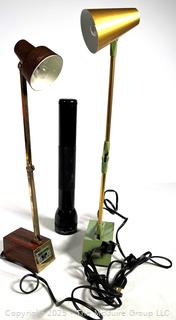 Two (2) Mid Century Modern Adjustable Tensor Desk Lamps and Flashlight