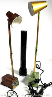 Two (2) Mid Century Modern Adjustable Tensor Desk Lamps and Flashlight
