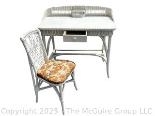 Victorian White Painted Wicker Vanity Desk and Chair. 