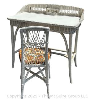 Victorian White Painted Wicker Vanity Desk and Chair. 