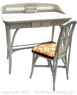 Victorian White Painted Wicker Vanity Desk and Chair. 