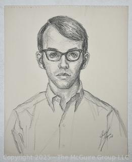 Unframed Pencil on Paper Portrait of Young Man in Glasses Signed by Artist. 14" x 17"