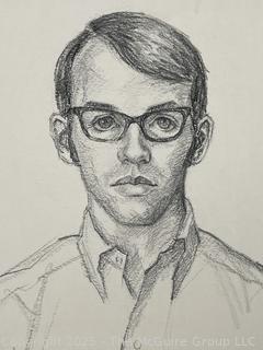 Unframed Pencil on Paper Portrait of Young Man in Glasses Signed by Artist. 14" x 17"