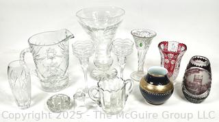 Crystal Glassware Including Red Cut to Clear Vase