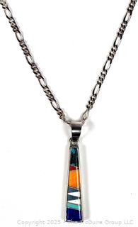Sterling Silver with Inlaid Stone Pendant Necklace Signed by Navajo Artist Calvin Begay 