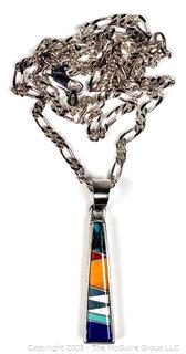 Sterling Silver with Inlaid Stone Pendant Necklace Signed by Navajo Artist Calvin Begay 