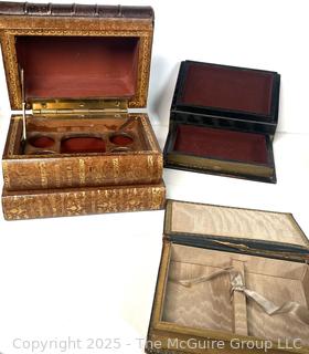 Group of Leather Faux Book Boxes and Liquor Decanter