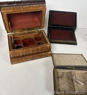 Group of Leather Faux Book Boxes and Liquor Decanter