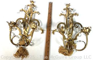 Pair of Louis XV Style Gilt Bronze Mounted Crystal Two Light Sconces