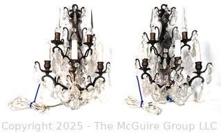 Pair  Crystal Glass and Brass Electric Girandole Wall Sconces