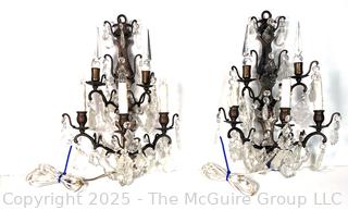 Pair  Crystal Glass and Brass Electric Girandole Wall Sconces