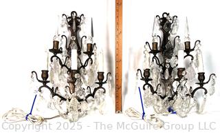 Pair  Crystal Glass and Brass Electric Girandole Wall Sconces