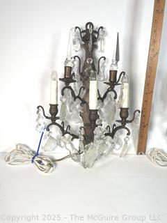 Pair  Crystal Glass and Brass Electric Girandole Wall Sconces