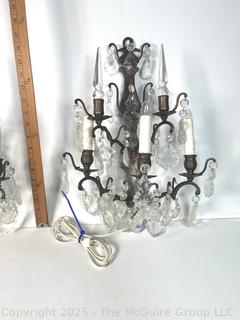 Pair  Crystal Glass and Brass Electric Girandole Wall Sconces