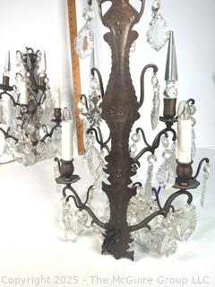 Pair  Crystal Glass and Brass Electric Girandole Wall Sconces