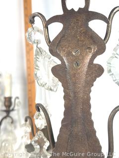Pair  Crystal Glass and Brass Electric Girandole Wall Sconces