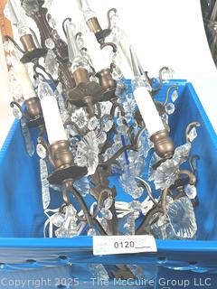 Pair  Crystal Glass and Brass Electric Girandole Wall Sconces
