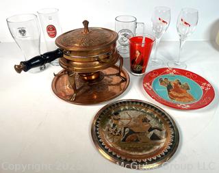 Beer Glasses, Copper Fondue Pot, Beer Tray. 