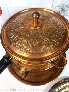 Beer Glasses, Copper Fondue Pot, Beer Tray. 