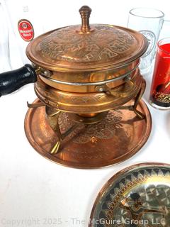Beer Glasses, Copper Fondue Pot, Beer Tray. 