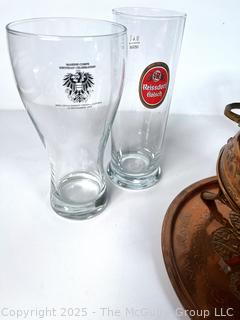 Beer Glasses, Copper Fondue Pot, Beer Tray. 