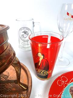 Beer Glasses, Copper Fondue Pot, Beer Tray. 