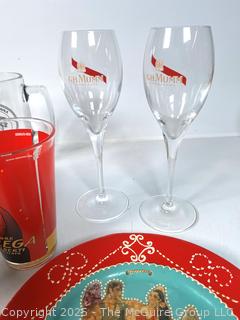Beer Glasses, Copper Fondue Pot, Beer Tray. 