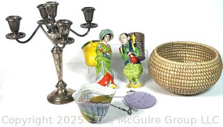 Weighted Sterling Silver Candelabra, Sweet Grass Basket, Blown Art Glass Bowl and Figurines