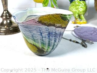 Weighted Sterling Silver Candelabra, Sweet Grass Basket, Blown Art Glass Bowl and Figurines