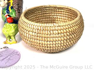 Weighted Sterling Silver Candelabra, Sweet Grass Basket, Blown Art Glass Bowl and Figurines