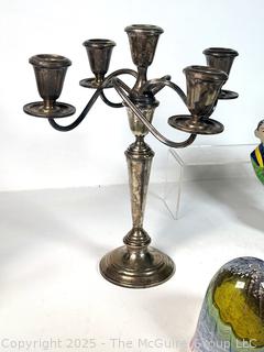 Weighted Sterling Silver Candelabra, Sweet Grass Basket, Blown Art Glass Bowl and Figurines