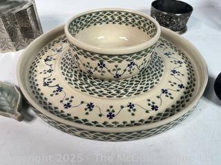 Serving Items Including Bolesławiec Polish Pottery 