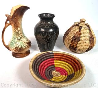 McCoy Pitcher, Nicaragua Carved Vase and Hand Woven Baskets
