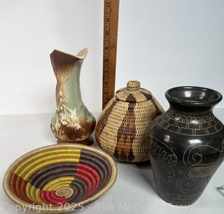 McCoy Pitcher, Nicaragua Carved Vase and Hand Woven Baskets
