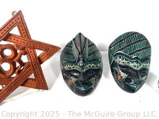 Group Including African Masks and Shot Glasses