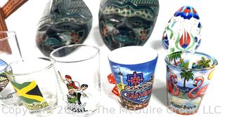 Group Including African Masks and Shot Glasses